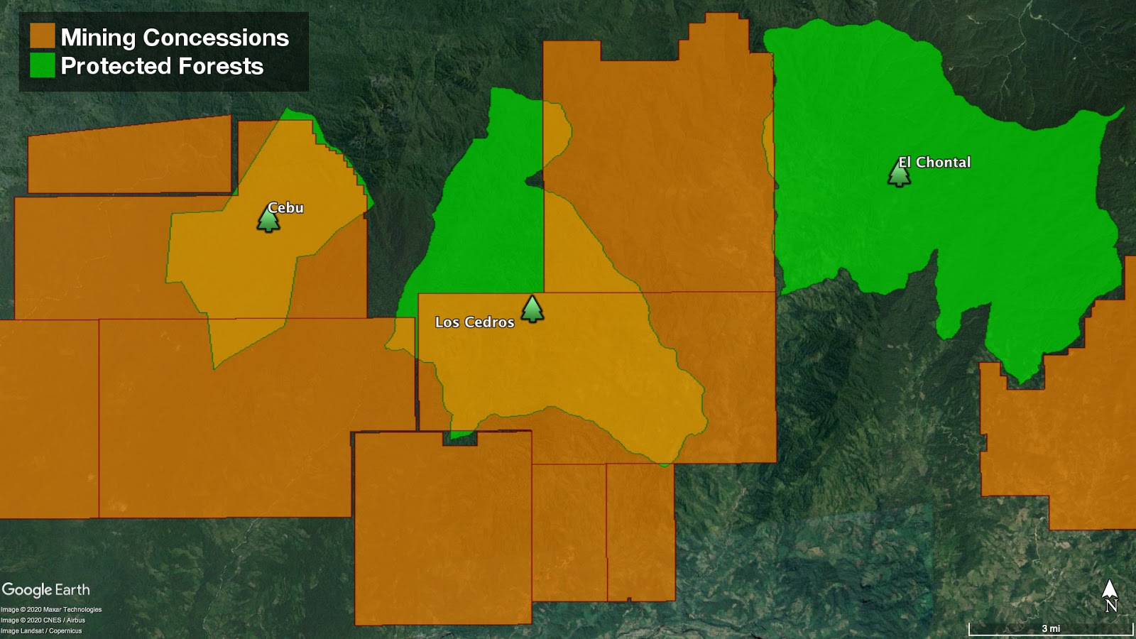 Mining concessions in the area of the Los Cedros Protected Forest. Concessions covering roughly two-thirds of Los Cedros are to the Canadian mining company Cornerstone Capital Resources in collaboration with the Ecuadorian state mining company ENAMI. Concessions covering the neighboring Cebu Protected Forest are to Australian mining giant BHP Billington. Image credit: Marrow of the Mountain